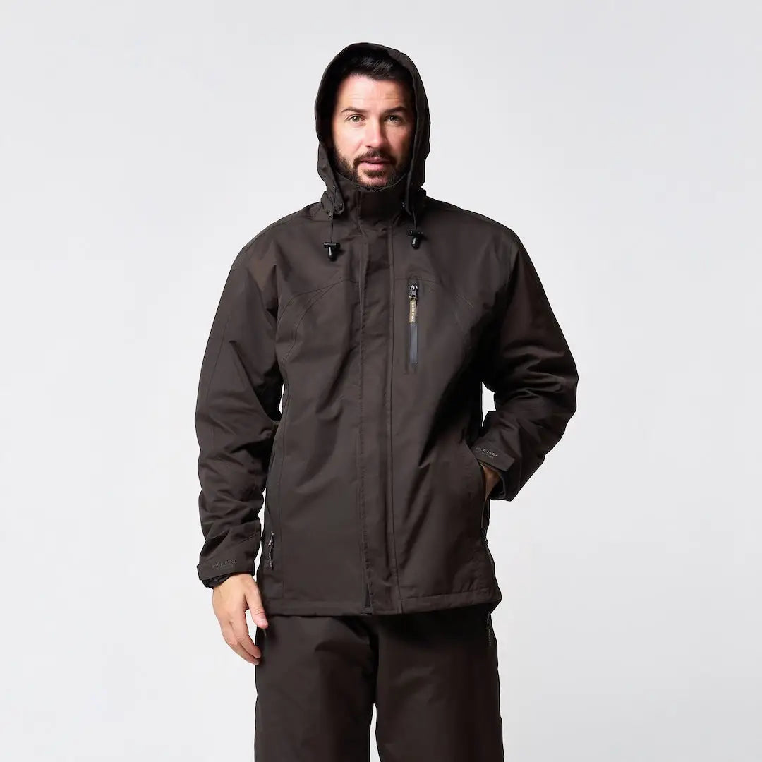 Jack Pyke Technical Featherlite Jacket: dark gray waterproof hooded hiking jacket with zipper and pockets