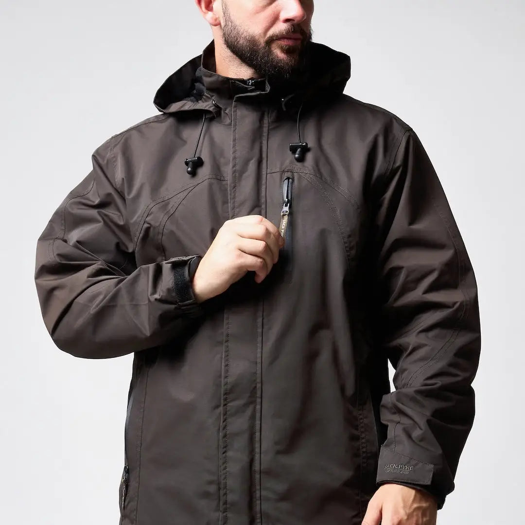 Dark gray Jack Pyke technical featherlite jacket with black hood