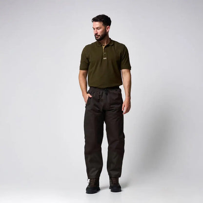 Olive green polo shirt with gold logo for Jack Pyke lightweight waterproof suit