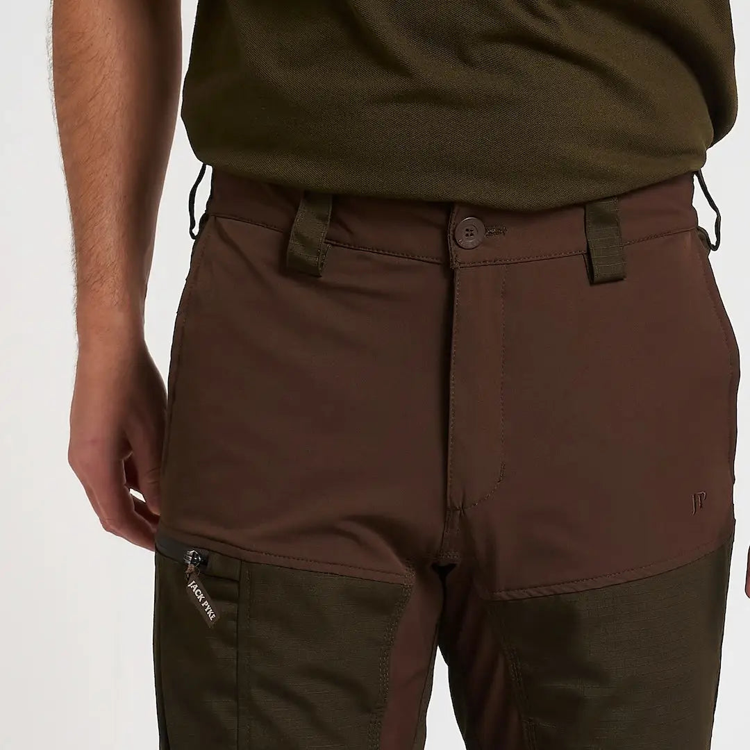 Jack Pyke technical hybrid trousers in brown and olive green with logo pocket