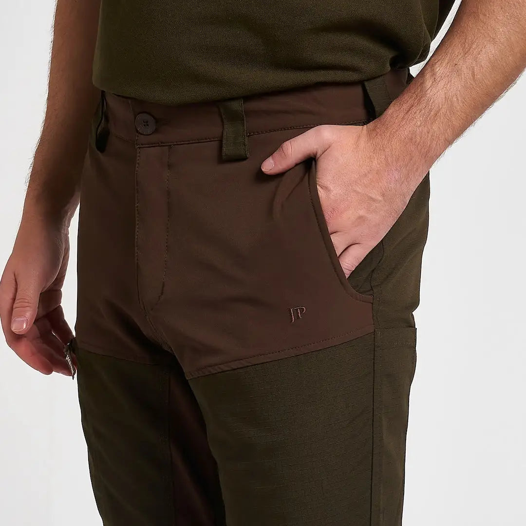 Olive green and dark brown Jack Pyke technical hybrid trousers with logo