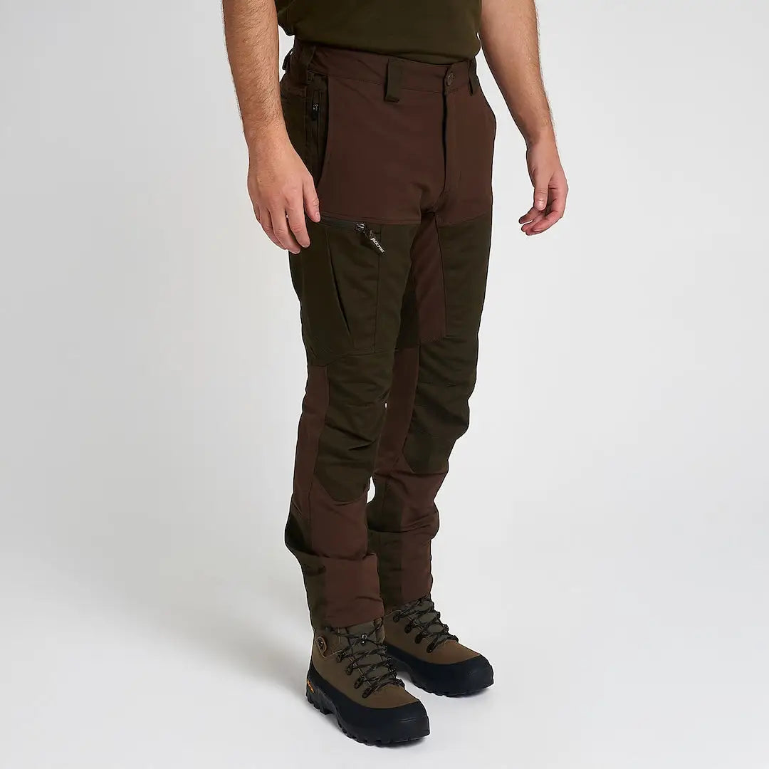 Brown and olive green Jack Pyke technical hybrid trousers with zip pockets