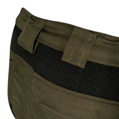Olive green Jack Pyke Technical Work Trouser waistband with wide black elastic band