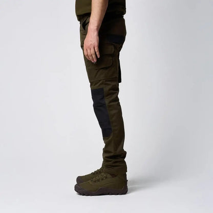 Jack Pyke technical work trousers in olive green with black knee and thigh patches, cargo pockets