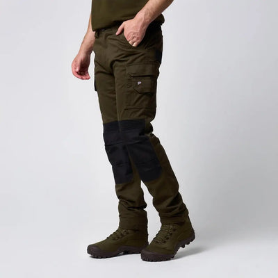 Jack Pyke technical work trousers in olive green with black knee patches and utility pockets