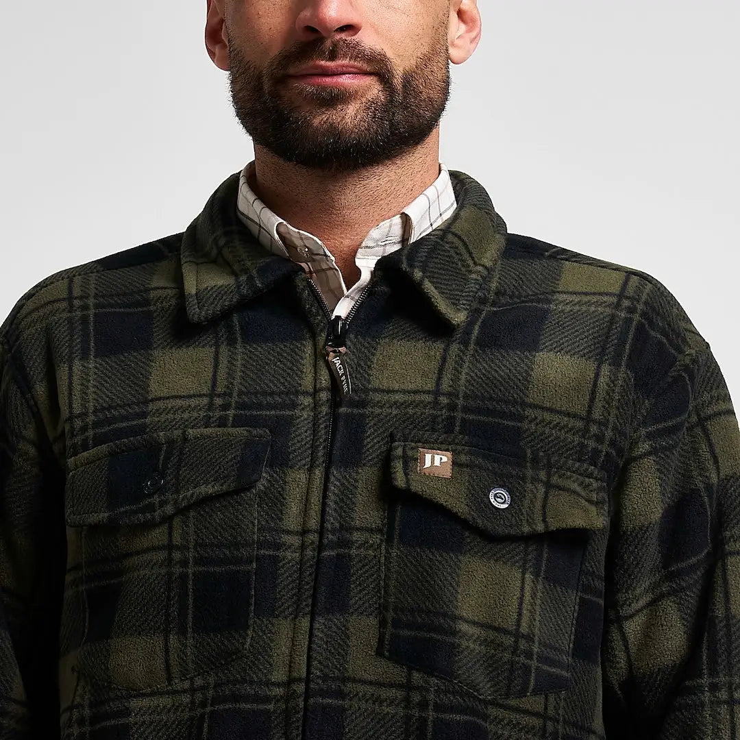 Jack Pyke Tundra Shirt: olive black plaid fleece jacket with leather patch pocket