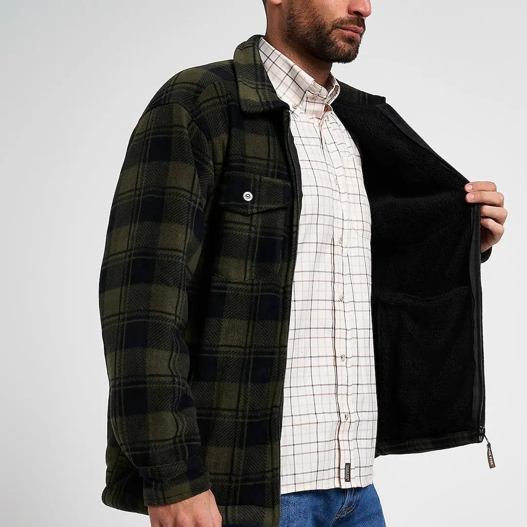 Jack Pyke Tundra olive black plaid fleece-lined flannel jacket