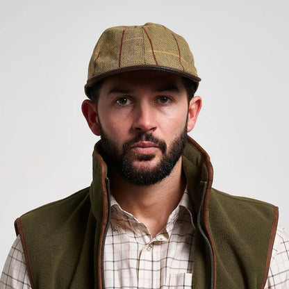 Jack Pyke tan herringbone tweed baseball hat with leather brim