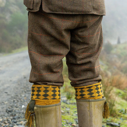 Jack Pyke Tweed Breeks: brown herringbone breeches with mustard yellow gaiters