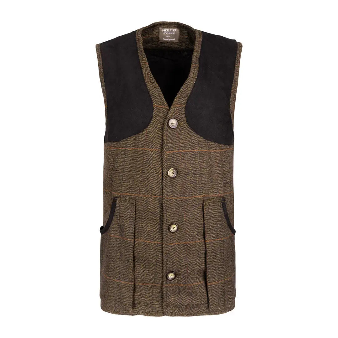 Jack Pyke tweed shooting vest in brown checkered pattern with black accents
