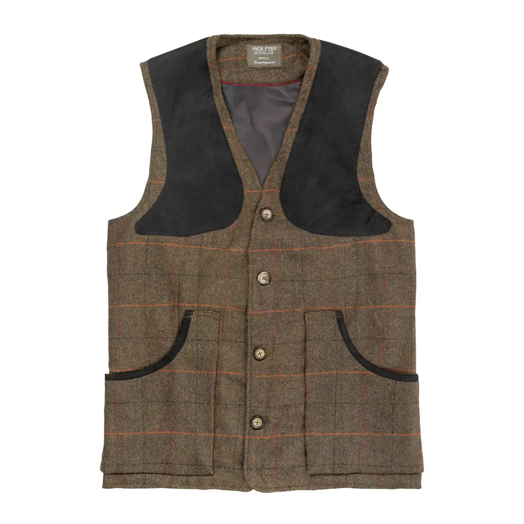 Jack Pyke tweed shooting vest with black lining and brown buttons