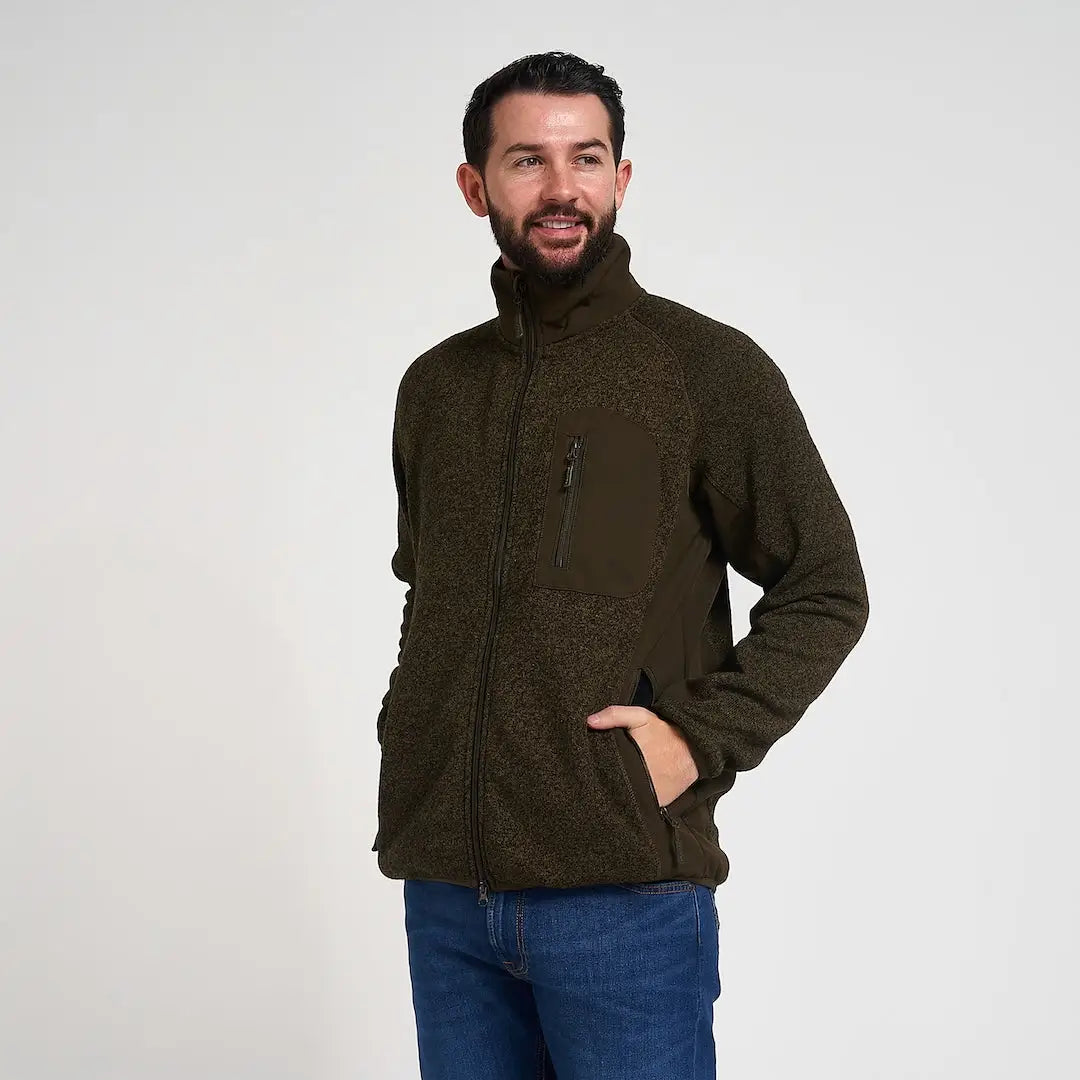Jack Pyke Weardale knitted jacket in olive green textured fleece with chest panel