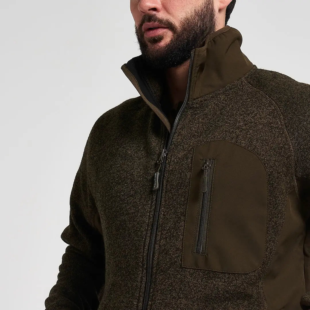 Jack Pyke Weardale knitted jacket in dark olive green fleece with brown accents