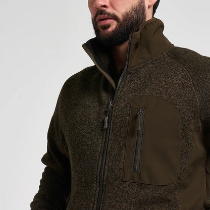 Jack Pyke Weardale knitted jacket in dark olive green fleece with brown accents