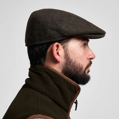 Jack Pyke wool blend flat cap in dark green tweed with red beige check