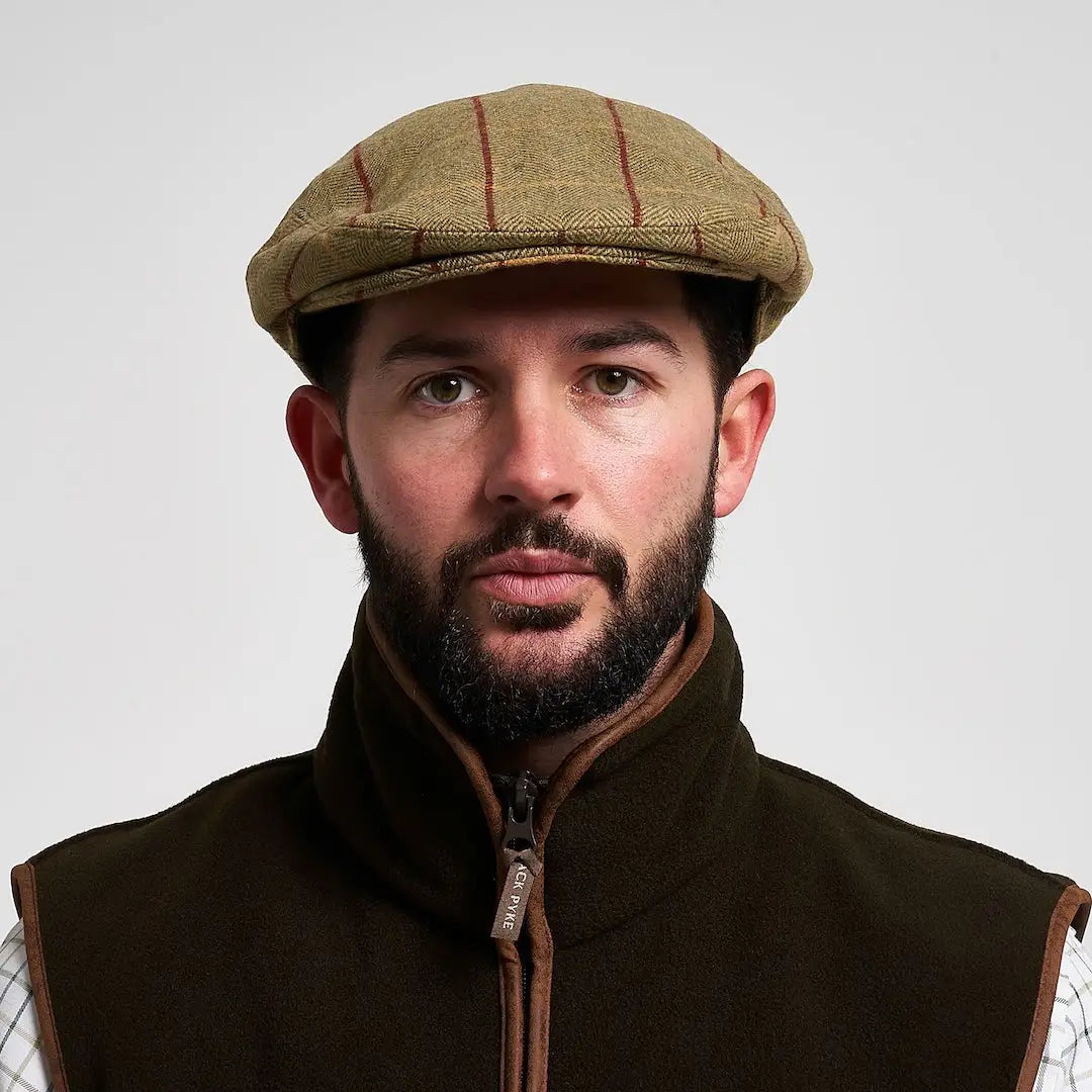 Tan Jack Pyke wool blend flat cap with red pinstripes