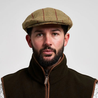 Tan Jack Pyke wool blend flat cap with red pinstripes