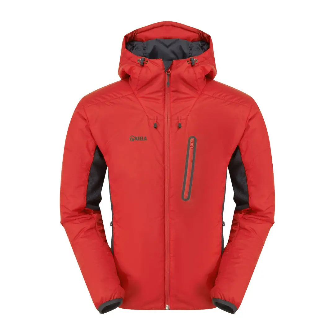 Red hooded Talus Primaloft Jacket with black side panels and zippered chest pocket