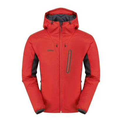 Red hooded Talus Primaloft Jacket with black side panels and zippered chest pocket