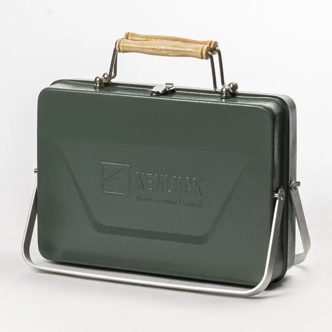 Green Kenluck Buddy Grill box with wooden handle, perfect for BBQ enthusiasts
