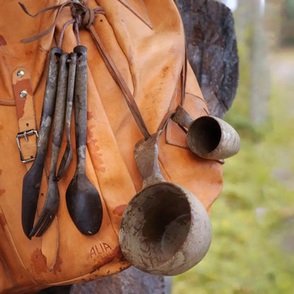 Leather backpack with rustic Kupilka Cutlery Set for country clothing and outdoor adventures