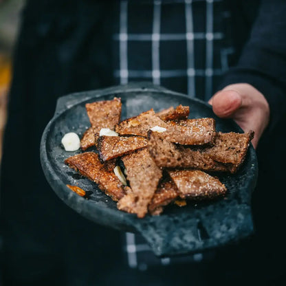 Fried rye bread with garlic served on a Kupilka Plate 440ml, a good sized plate