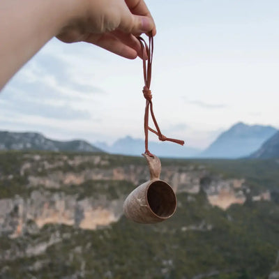 Wooden Kupilka Shot Cup with leather strap, perfect for country clothing and hunting