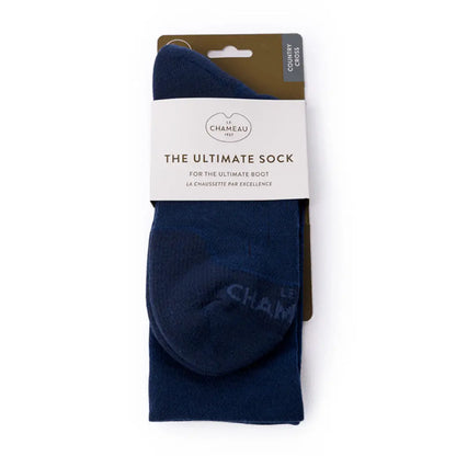 Packaged navy blue Le Chameau Country Cross Socks for outdoor hunting and country clothing
