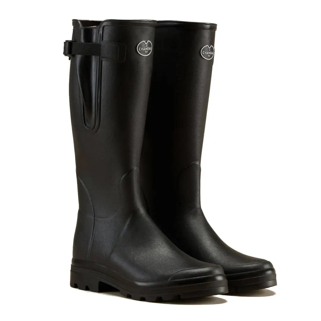 Pair of black Le Chameau men’s Vierzonord neoprene lined wellington boots on display