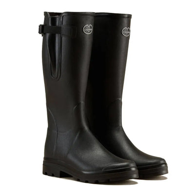 Pair of black Le Chameau men’s Vierzonord neoprene lined wellington boots on display