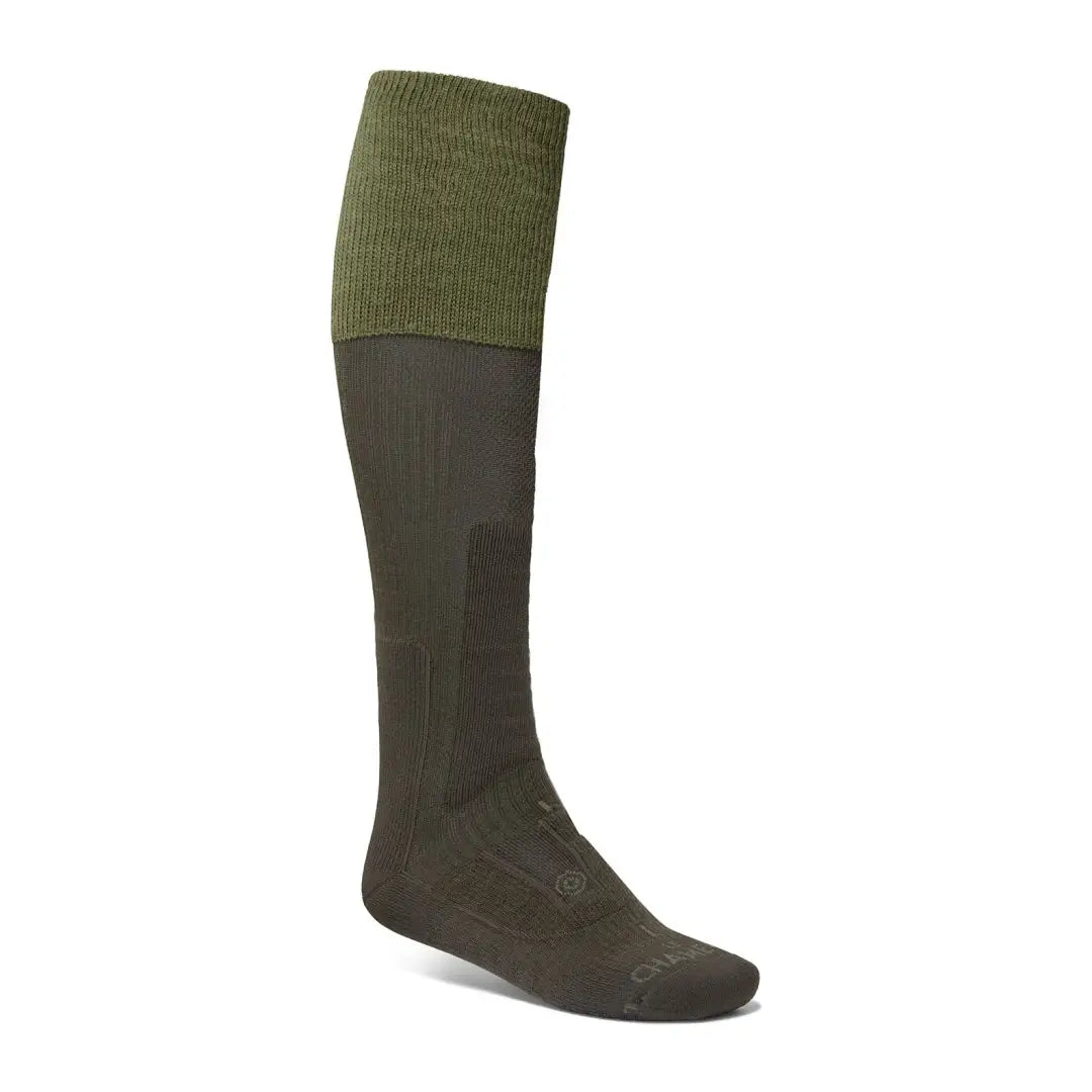 Olive green and dark brown Chameau Vierzon Shooting Socks with ribbed cuff