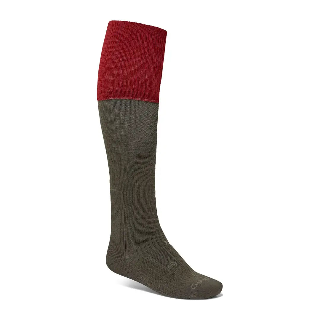 Knee-high Chameau Vierzon Shooting Socks with dark red cuff and olive green lower part