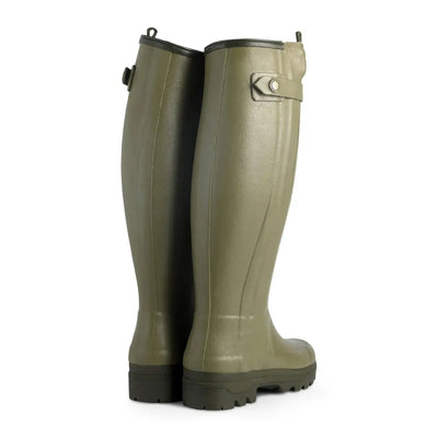 Tall olive green Le Chameau Women’s Chasseur neoprene lined rain boots with straps