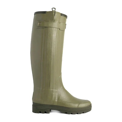 Tall olive green neoprene lined Le Chameau Wellington Boots with rugged sole