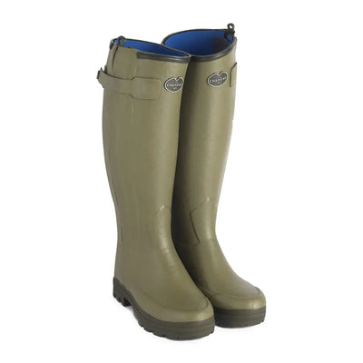 Tall olive green Le Chameau neoprene lined rain boots with stylish blue lining