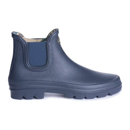 Navy blue rubber Chelsea boot, stylish iris boot, and everyday ankle boot for women