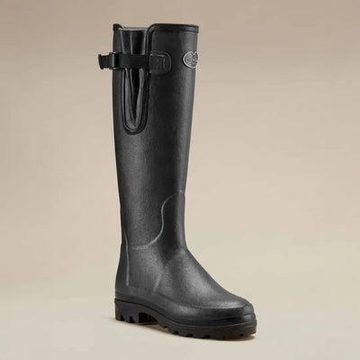 Black rubber rain boot with adjustable strap from Le Chameau Vierzonord Neoprene lined collection