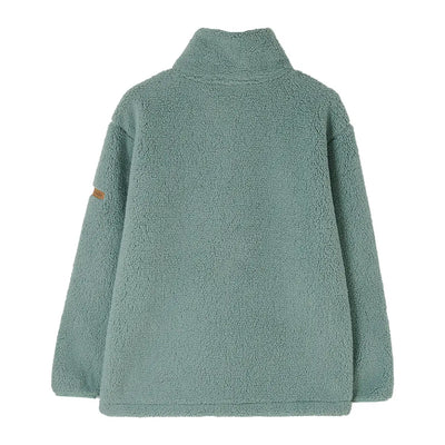 Sage green Lighthouse Cobh zip fleece pullover with high collar and brown patch on sleeve