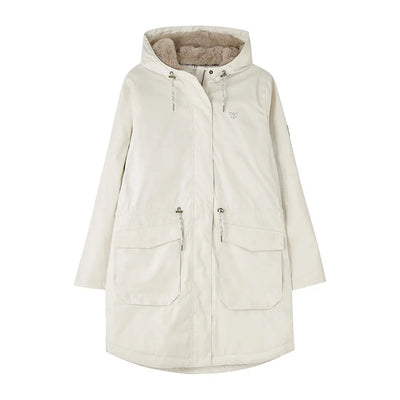 Cream-colored Lighthouse Isobel Coat with fur-lined hood and four front pockets