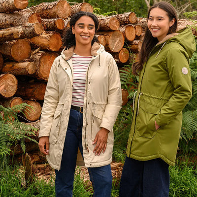 Two women wearing stylish Lighthouse Isobel Coat winter parkas outdoors