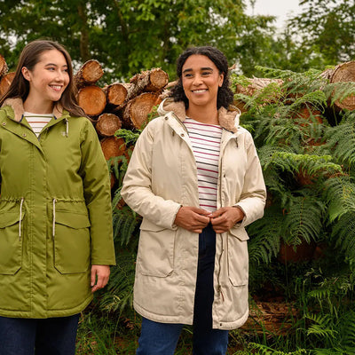 Two women wearing stylish lighthouse isobel coat winter parkas outdoors