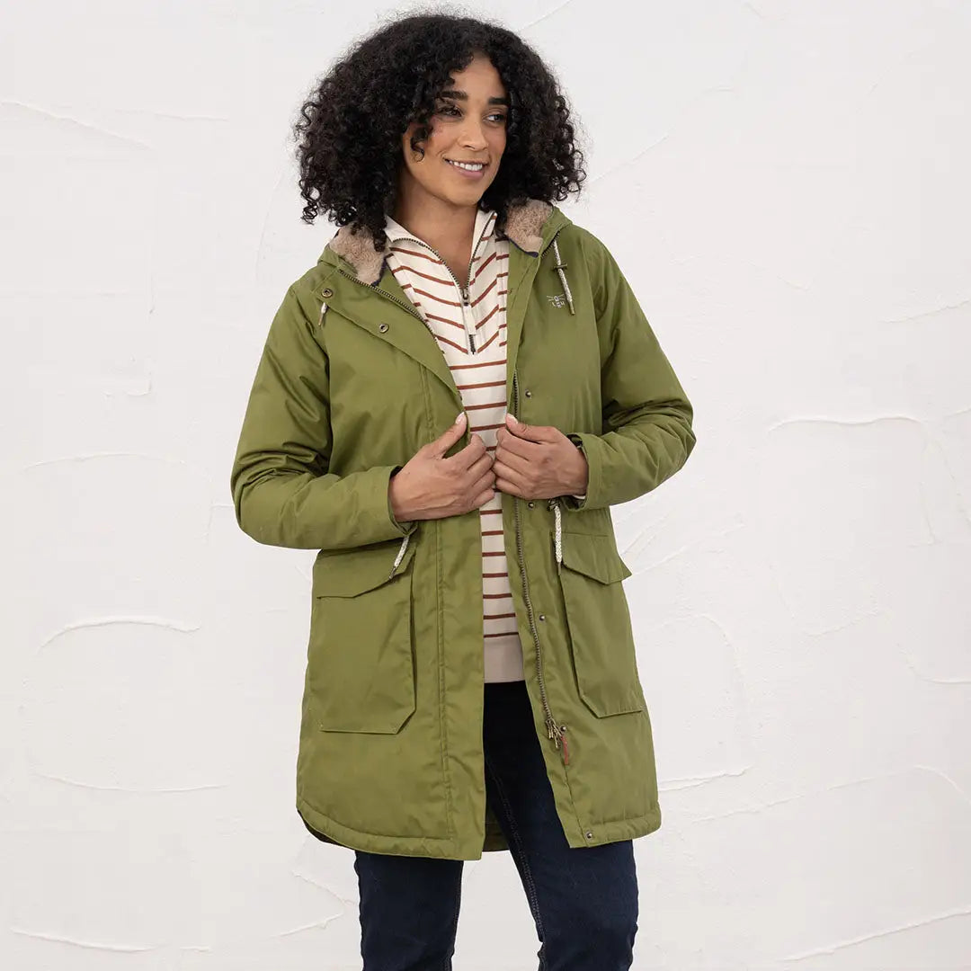 Lighthouse Isobel Coat in olive green with faux fur hood and pockets, perfect for fall
