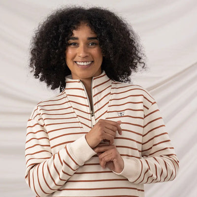 Lighthouse Ladies Coral Jersey top with cream and brown stripes for women