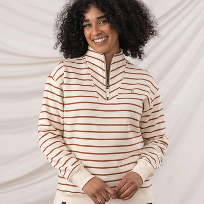 Women’s cream long-sleeve quarter-zip sweatshirt with brown stripes from Lighthouse Ladies Coral