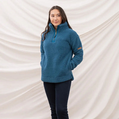 Lighthouse Ladies Coast Fleece half-zip teal pullover with brown sleeve patch