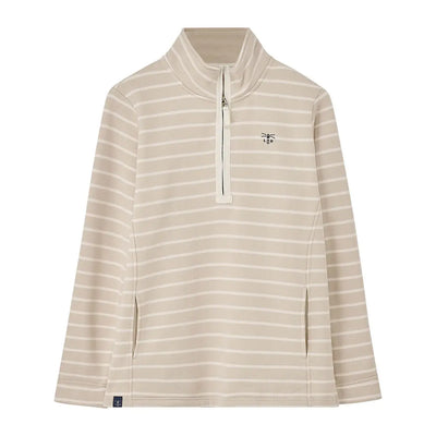 Beige and white striped Lighthouse Ladies Shore II Jersey quarter-zip top with side slits