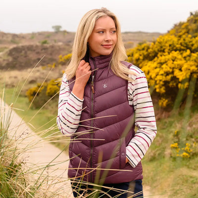 Lighthouse Laurel ladies plum quilted vest over striped shirt for casual style