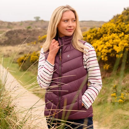 Lighthouse Laurel ladies plum quilted vest over striped shirt for casual style