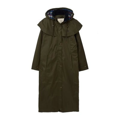 Long olive green Lighthouse Outback full length ladies waterproof coat with detachable cape