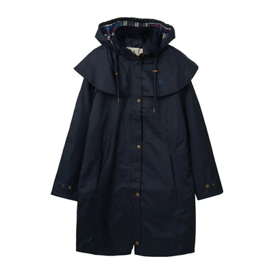 Navy blue Lighthouse Outrider 3/4 length ladies waterproof raincoat with hood and plaid lining
